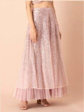 Blush Rose Gold Sequined Flared Tulle Maxi Skirt Sz M